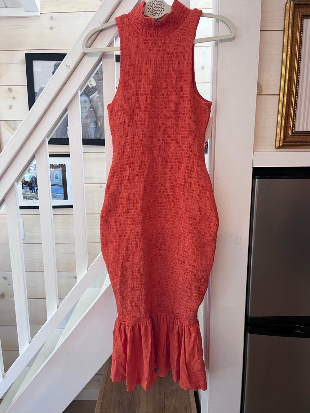 Anthropologie Coral Sleeveless Midi Dress with Ruffle Hem